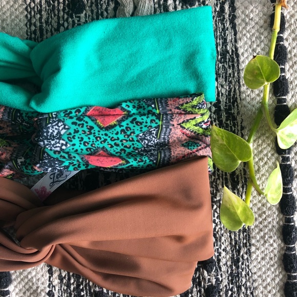 stretch twisted Headbands (3 set ) green, brown and bohemian printed lycra - Picture 2 of 3